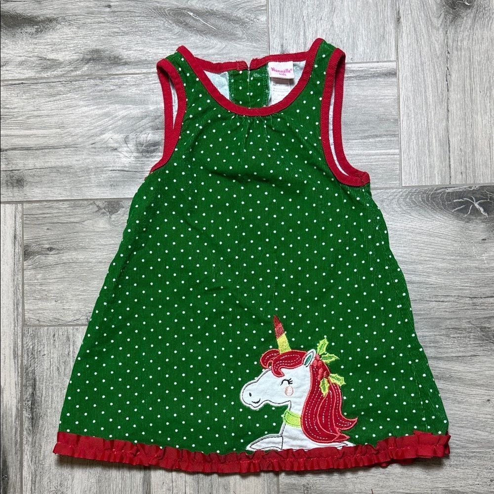 Nannette Kids Green Polka Dot Unicorn Dress with Red Trim 3T